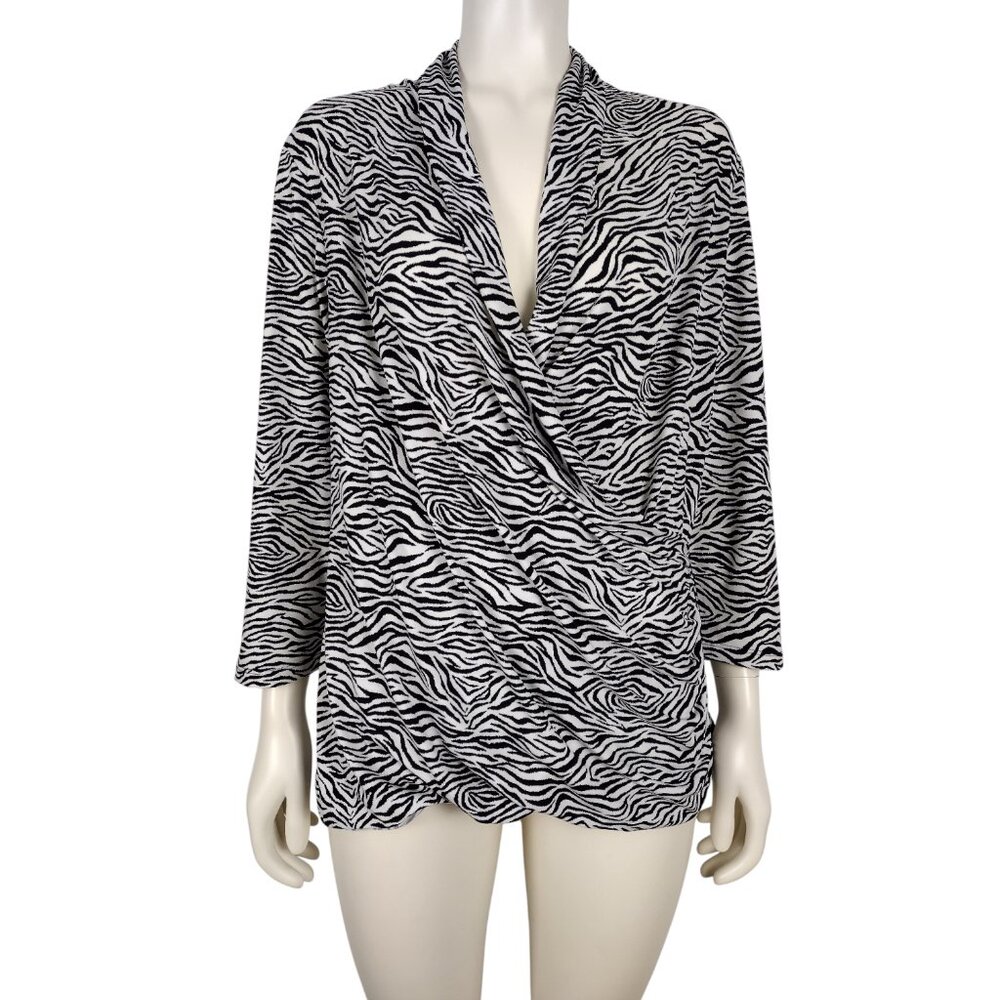 Chaus NY Black and White Zebra Print Cross Over Neck 3/4 Sleeve Blouse Size XL